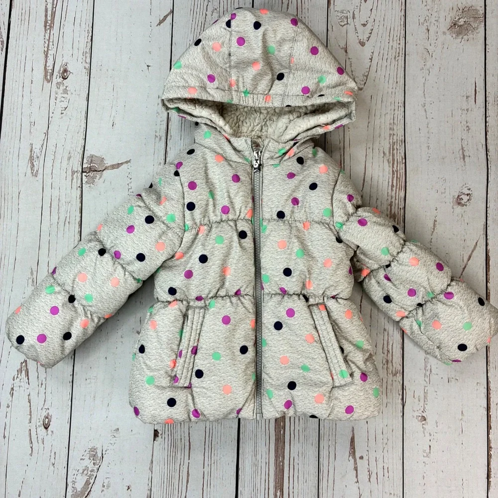 OshKosh Bgosh Girls Gray Polka Dot Hooded Puffer Jacket Coat Size 3T